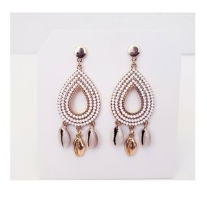 Gold 3" Teardrop Seashell Drop Earrings